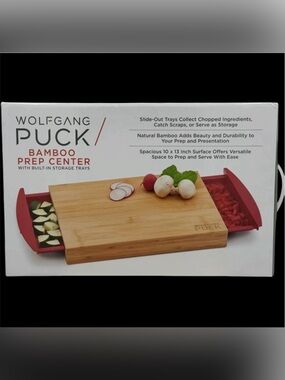 Wolfgang Puck Bamboo Prep Center with Slide-Out Trays - Natural & Red